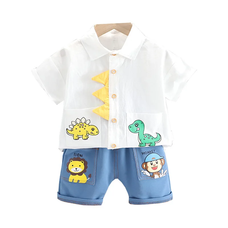 

2021 summer new boy dinosaur shirt short-sleeved suit summer High Quality Boys denim shorts cute two-piece thin, Yellow,blue,white