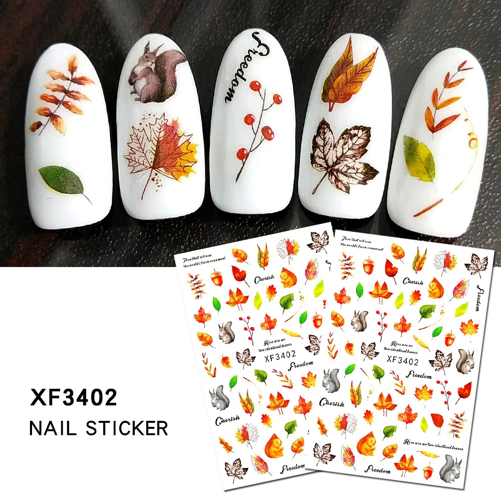 

New Arrivals 12 Color 3D Autumn Fall Leaves Red Maple Leaf Nail Art Stickers Decals, As picture