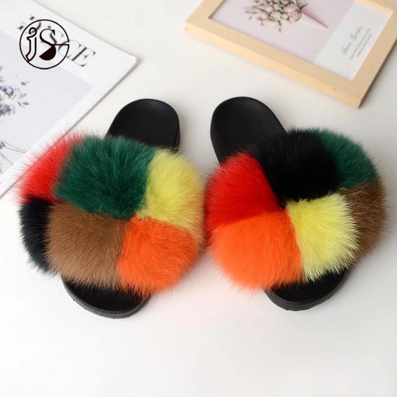 

Multiple-choice color matching fox fur slides Ahead of the curve ladies fox fur slippers Slides with flat bottom Woman slippers, Picture