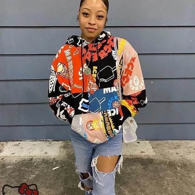 

High Quality Winter Casual Printed Women Patchwork Pullover Oversized Hoody Sweat Shirts Hoodies Sweatshirts For Girls-PT, Black