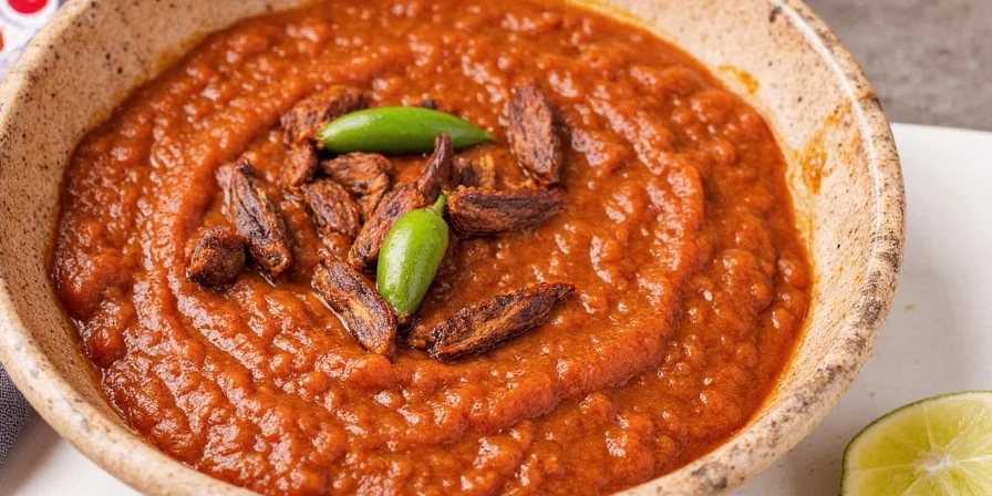 Bottled guajillo sauce with label and fresh chilies nearby