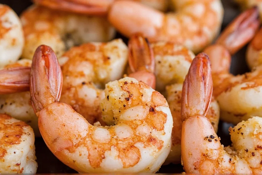 Colorful seasoned shrimp skewers on grill