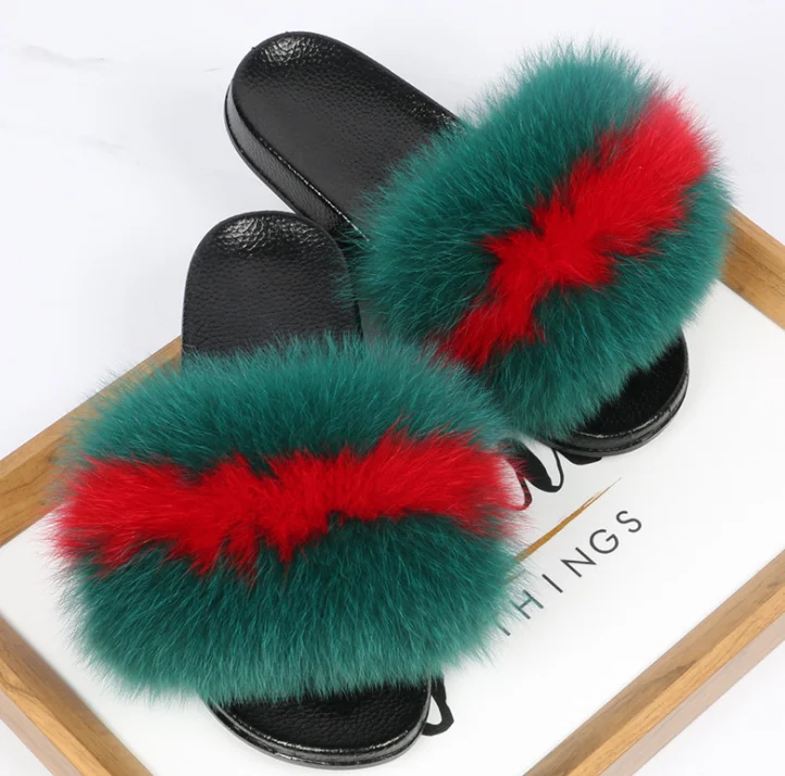 

Wholesale luxury designer fur slides fluffy furry real big fox raccoon big fur sandal slipper slide fur slide for women slippers, Multi color single color or cutomizable