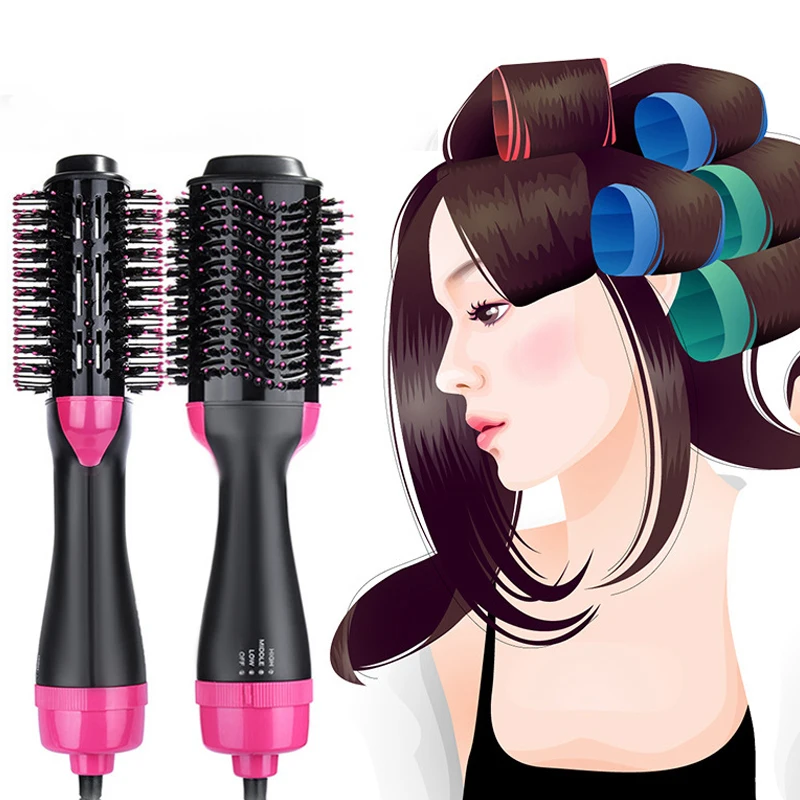 

2 In 1 Rotating Roller Straightener Hair Comb Styler Electric Professional Hot Air Hair Brush Blow Dryer, Black+pink