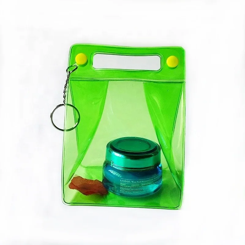 

best prices waterproof clear customized stand up packaging cosmetics button pvc bag with handle, Green, accept customized color