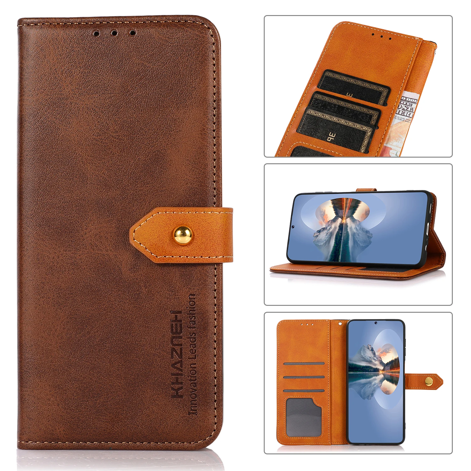 

Gold button two color cattle pattern PU Leather Flip Wallet Case For Samsung Galaxy M33 5G, As pictures
