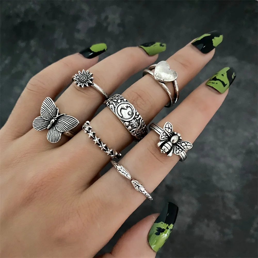 

VKME Bohemian Silver Rings Set Geometric Butterfly Antiques Finger Ring For Women's Fashion Crystal Personality Jewelry Gift