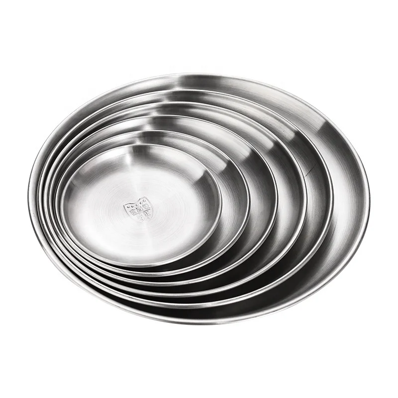 

Metal stainless steel serving food tray round plates for restaurant gold or silver color 18/10 steel, Gold/silver