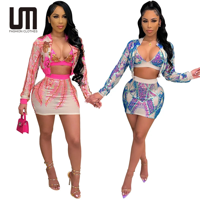 

Liu Ming High Quality Women Clothing Sexy Bra Zipper Long Sleeve Jacket Crop Tops Sequin Three Piece Mini Skirt Set, Customized color