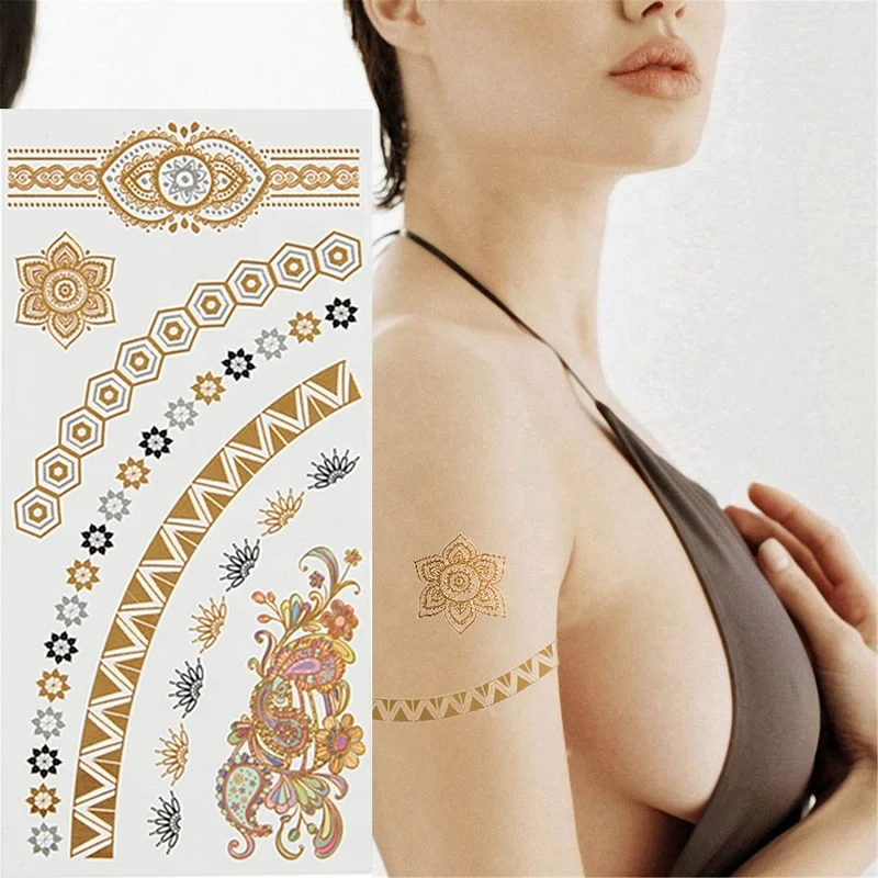 

Custom Printed Waterproof Gold Metallic Women Body Flash Sticker Temporary Tattoo, Colorful