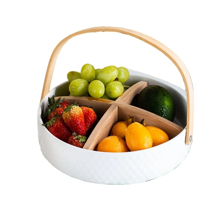 

Lanfengye Round Snack Ceramic Plate Dried Fruit Dessert Basket with Wooden Handle Portable Fruit Tray, White green