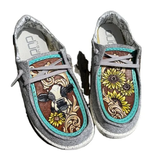 

High Quality flexible causal flat animal print cowgirl women cow and sunflower heydudes shoes