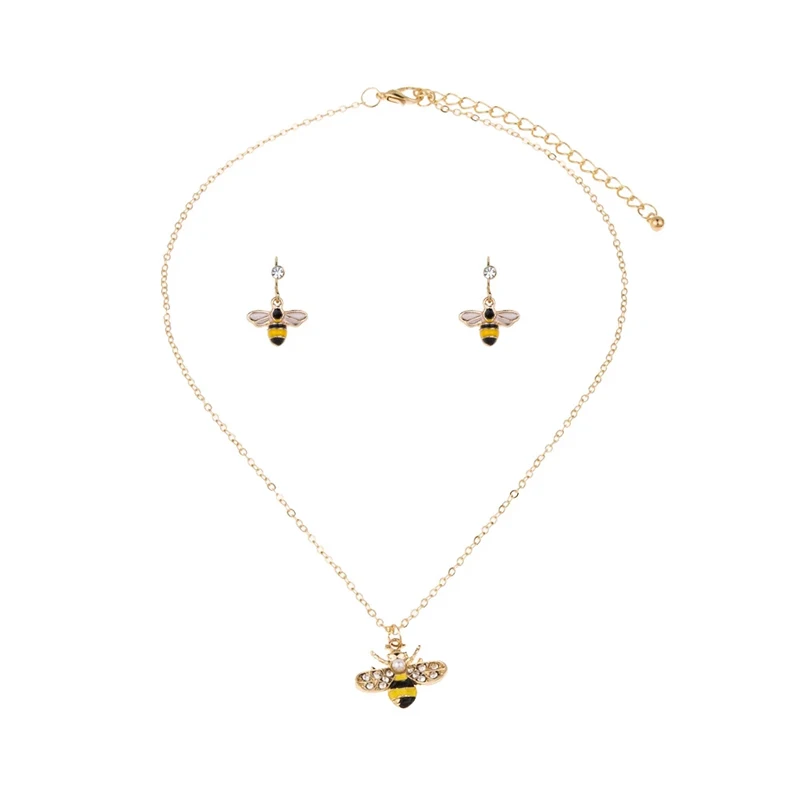 

Fashion Alloy Stainless Steel Vivid Animal Necklace Earring Crystal Eyes White Black Enamel Honey Bee Jewelry Set, Gold