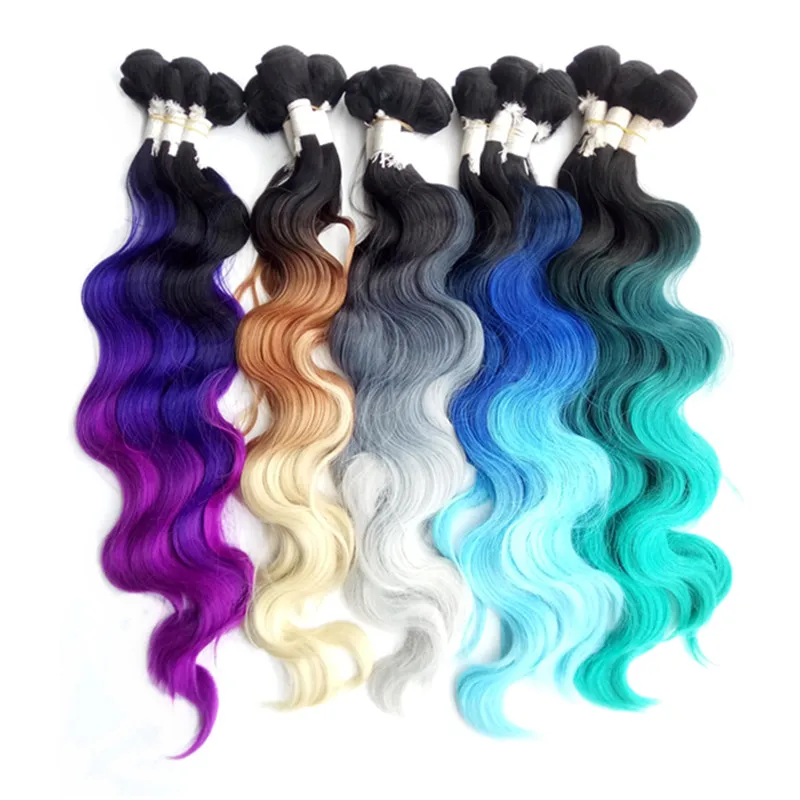 

Synthetic Hair Extension 280g/set 4pcs Hair Weft with Machine Closure Black Bluish Grey 3Tone Ombre Body Wave for Women 18-22"