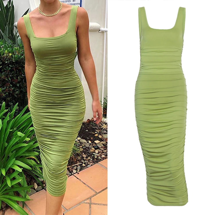 

New Arrival Wholesale Sexy Party Sleeveless Women Casual Dresses Lady Club Wear Summer Dress, Green