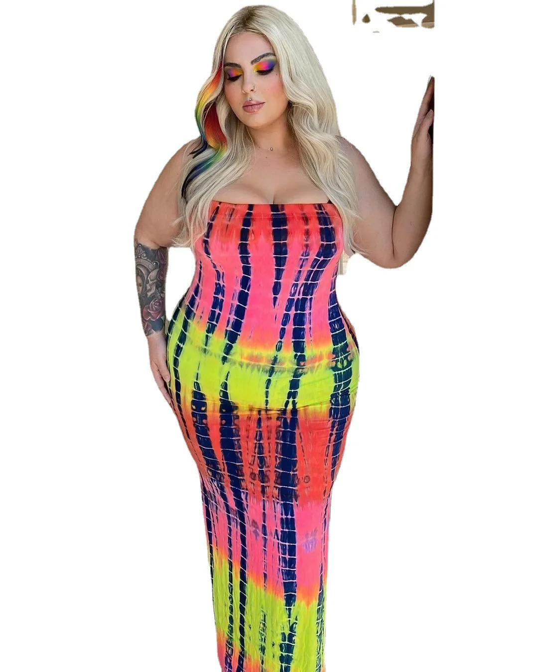 

2021 Summer trendy tie dye long dress with super high slit women sexy cut out club dresses
