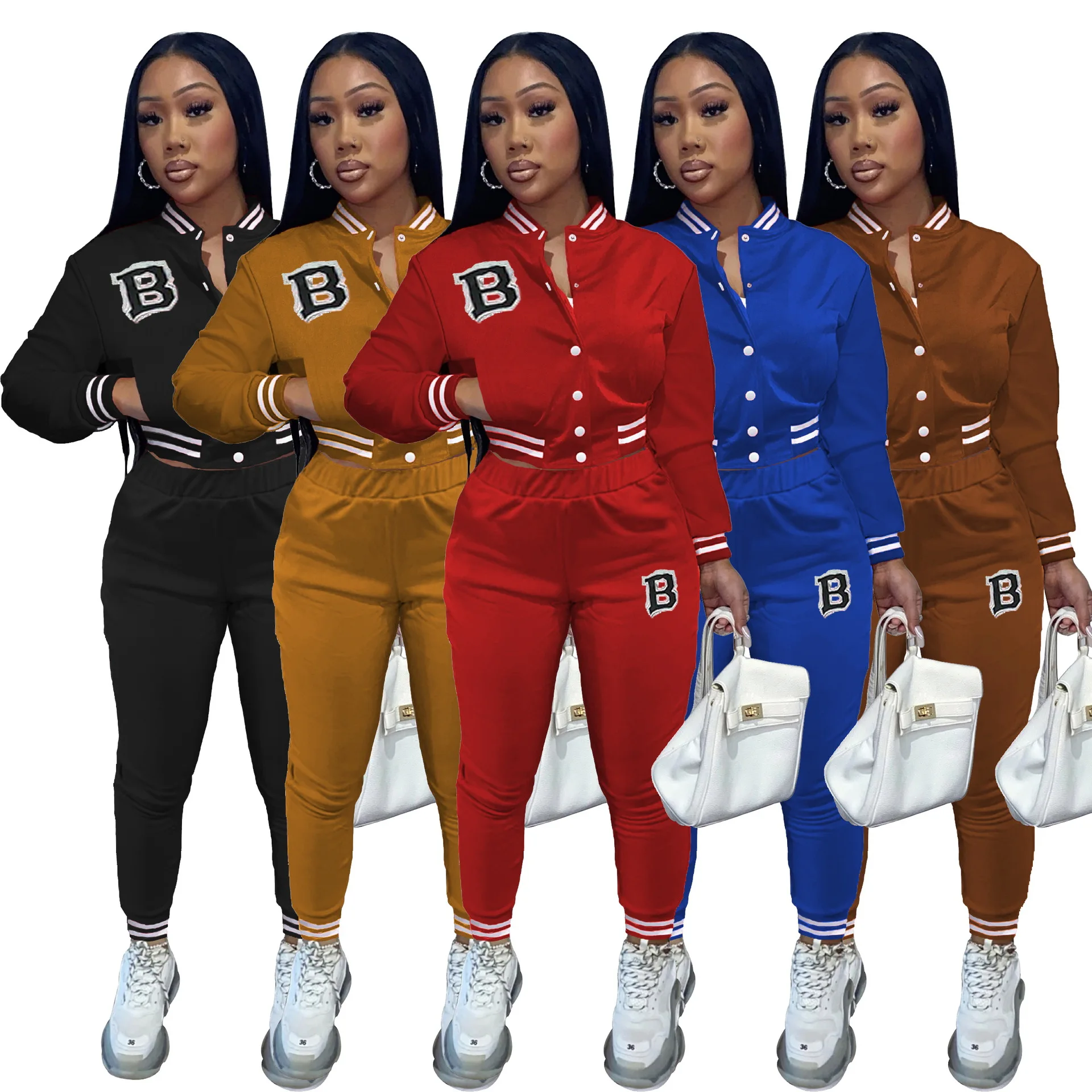 

M21011 Hot selling letter printing bomber baseball jacket two piece pant set 2021 fall clothing for women