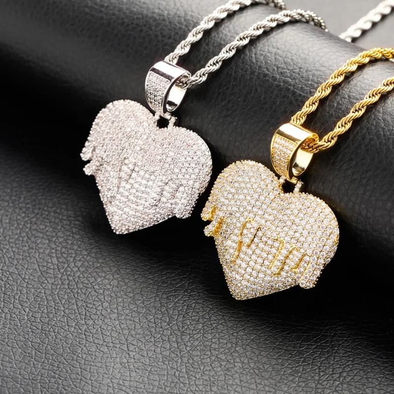 

2020 New heart Pendant Necklace With Tennis Chain Cuban chain Gold Silver Iced Out Cubic Zirconia Hip Hop Rock Jewelry, Silver,gold