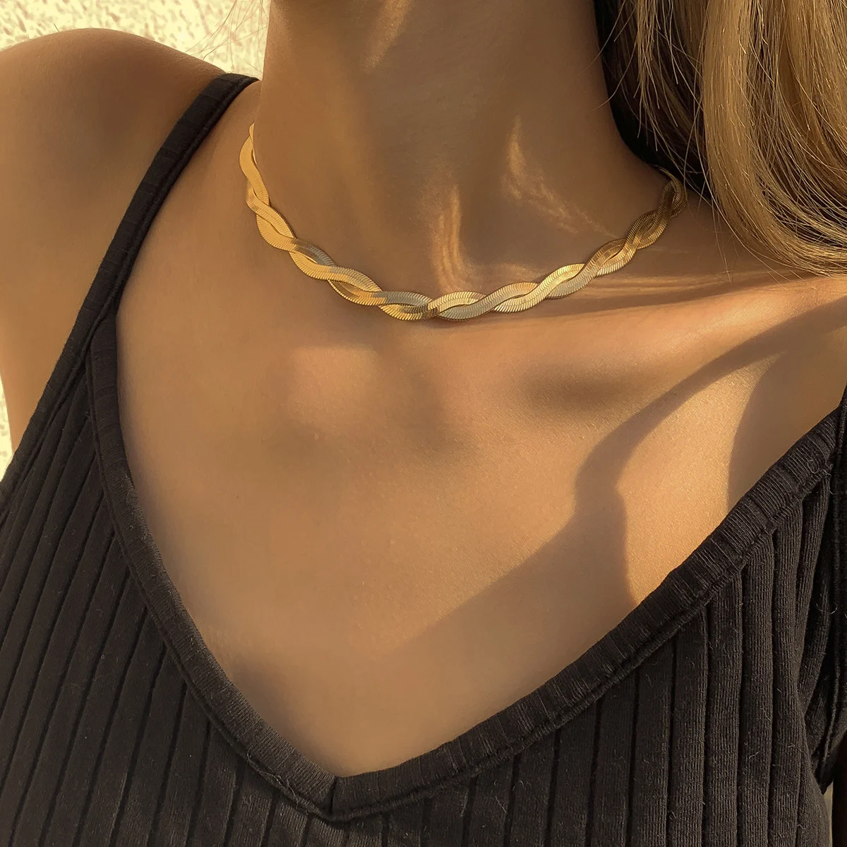 

Womens Waterproof Stainless Steel Jewelry 18K PVD Gold Plated Twisted Double Layer Herringbone Chain Snake Choker Necklace