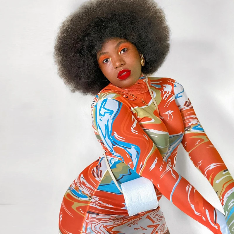 

CuteNOVA A20293D Long Sleeve Dress womens clothes 2020 Fashion Orange Random Pattern Color Printed