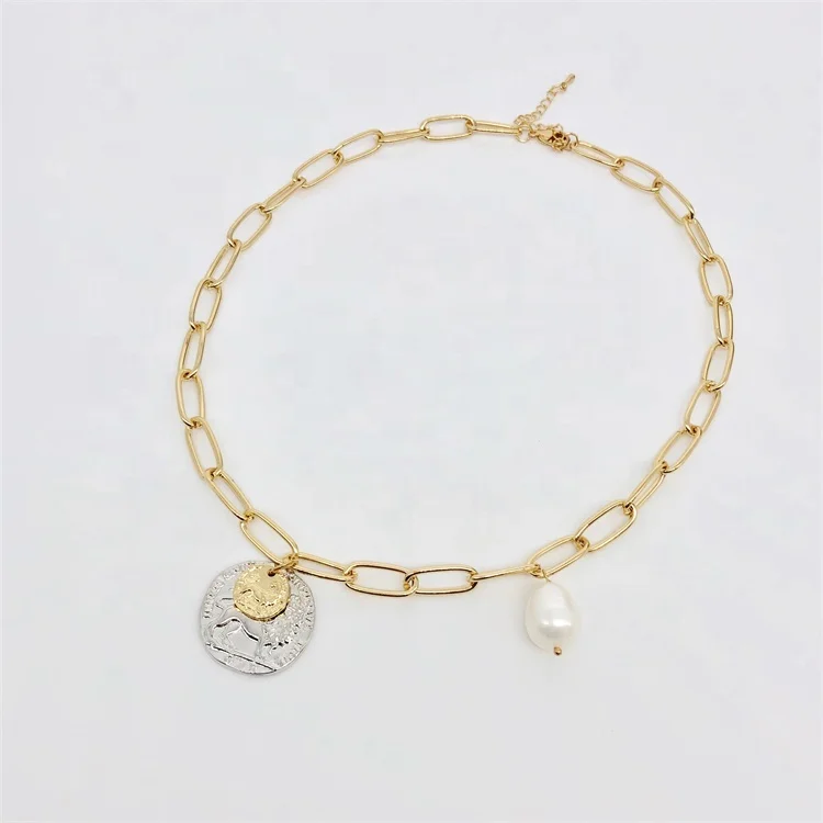 Hot selling fashionable design gold plated coin with shell pearl necklace for women jewelry