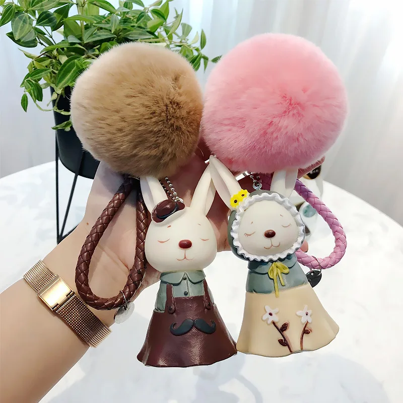 卡通情侣兔子汽车钥匙扣包包钥匙扣配件绒球兔毛球挂件公仔钥匙扣