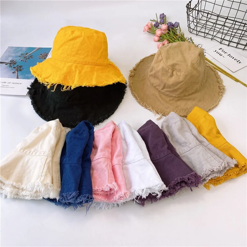 

Wholesale Summer Women Lady Girl Washed Cotton Sun Hat Caps Cheap Fashion Solid Color Foldable Blank Frayed Brim Bucket Hat