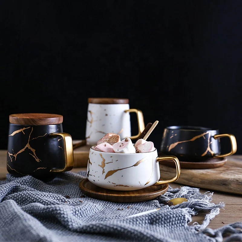 

Nordic Marble Gold Coffee Mug Matte Luxury Cup Ceramic Water Cafe Tea Milk Coffee Cups Ceramic Mug with Wood Saucer/Lid, As picure or customized