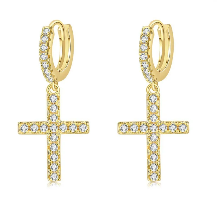 

European Fashion14K Gold Plated Cross Dangle Drop Earrings CZ Diamond Cross Huggie Hoop Earrings Gothic Hypoallergenic Women, Silver,gold