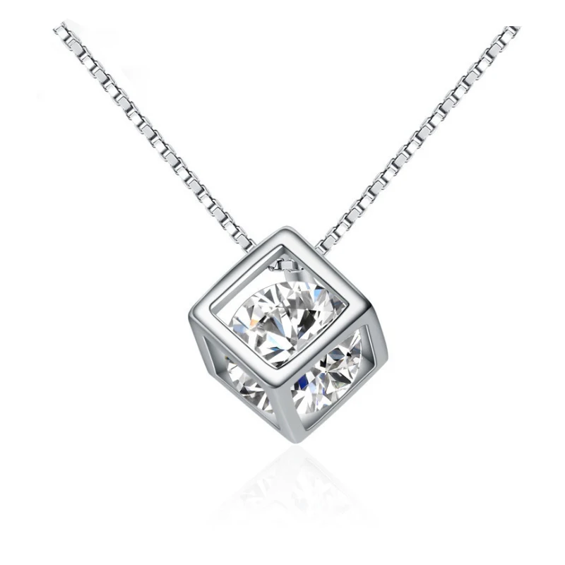 Fine Jewelry 100% Woman 925 Sterling Silver jewelry cube pendant with zircon necklace