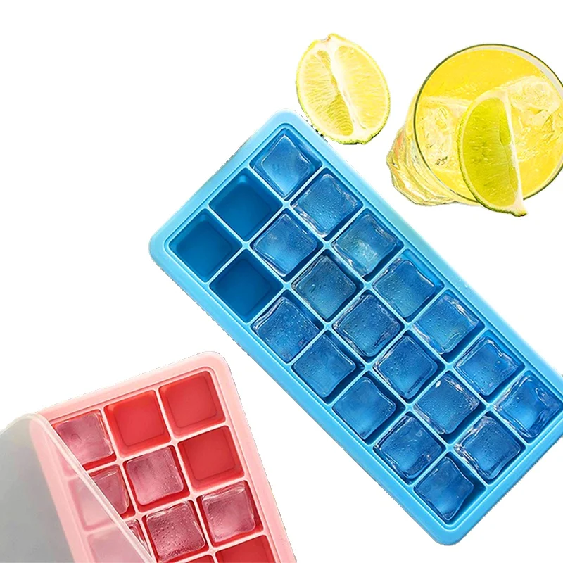 

Wholesale BPA free 21 cavities ice cube tray with lid silicone ice mold ice cube maker set, Blue/pink or customizable colors