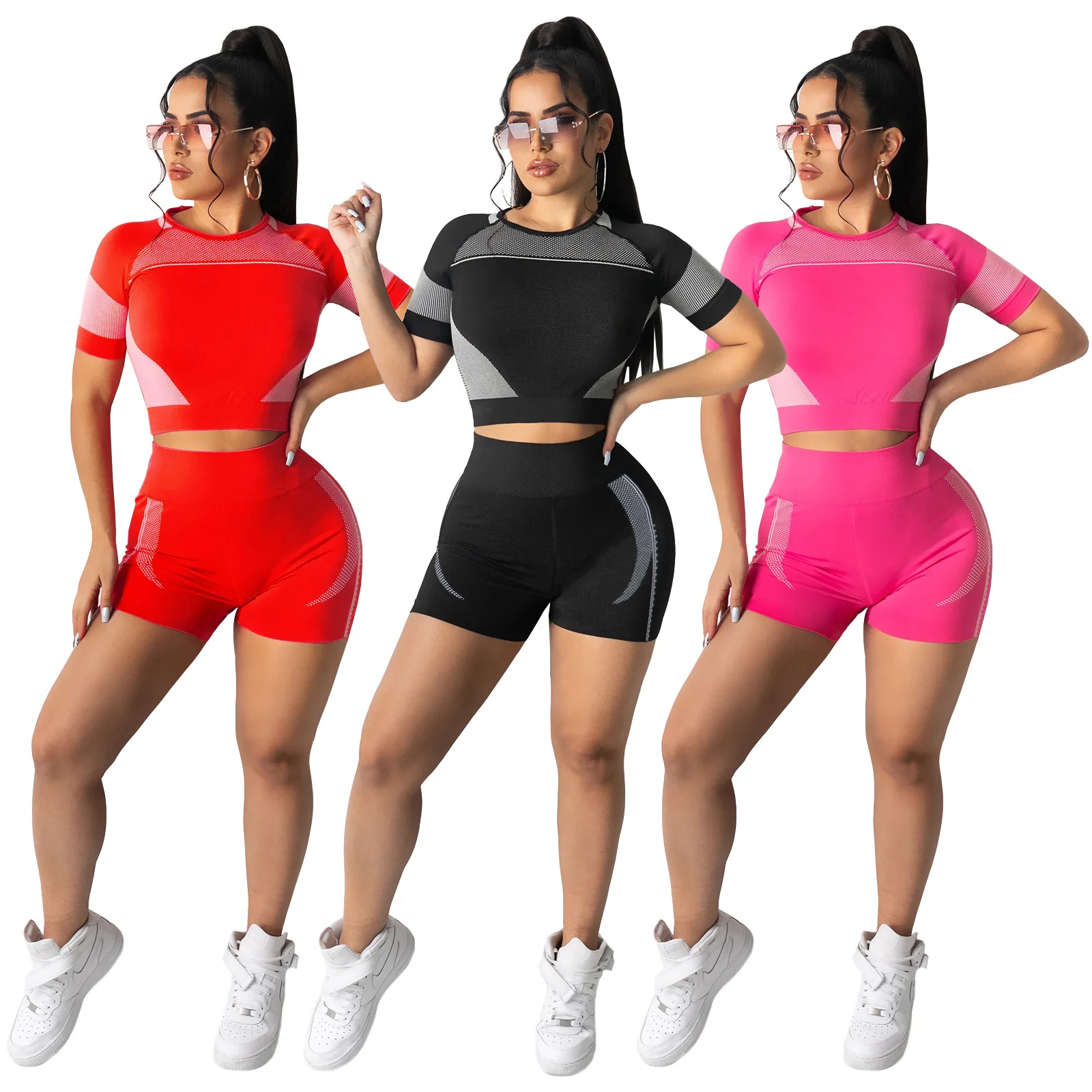 

Summer Best selling Print yoga short sleeve shorts two piece outfits for women