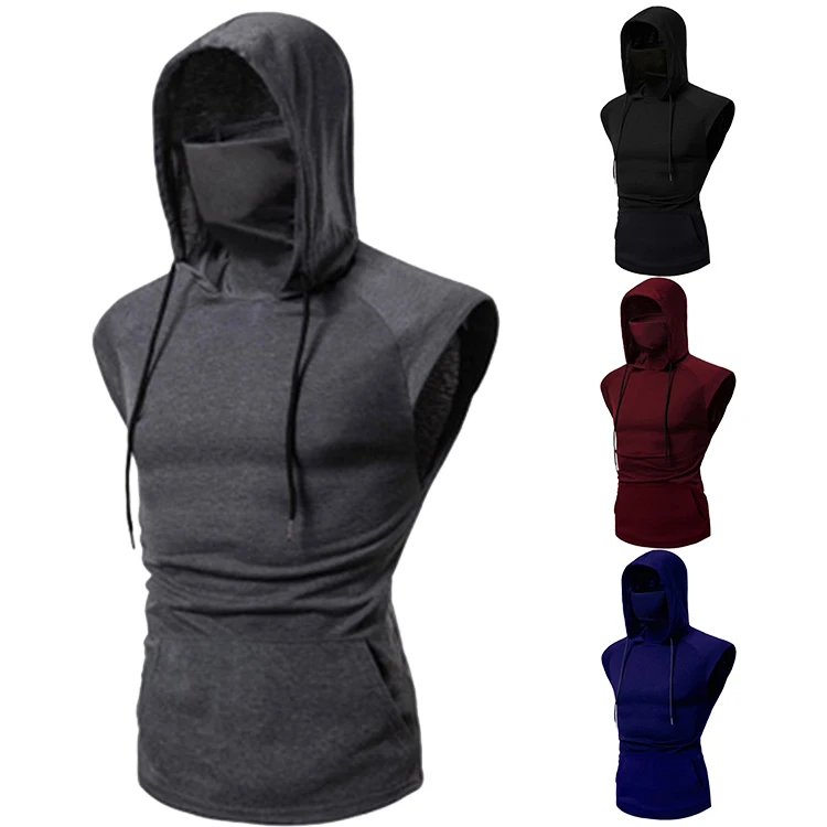 

Mens Gym Thin Hoodie Sleeveless Hoodies With Mask Sweatshirt Gym Sport Vest Bodybuilding Casual Hooded Tops Tank Top, Customized color