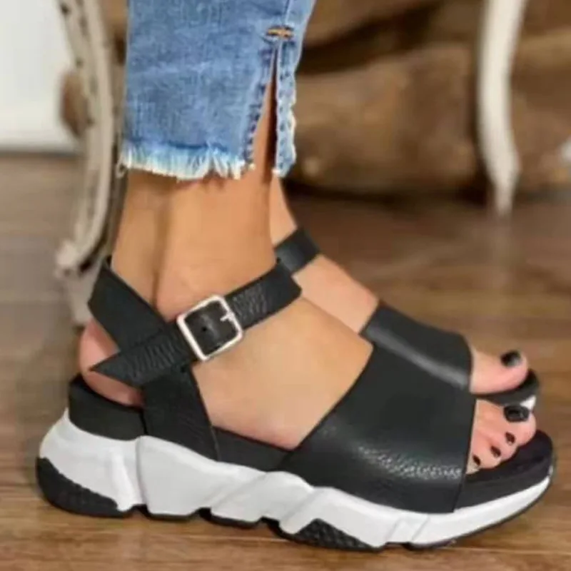 

New launched designer sandals platform slotted buckle wedge sole women hard-wearing sandals ladies leather thick sole shoes, Black/yellow/khaki/leopard print/apricot