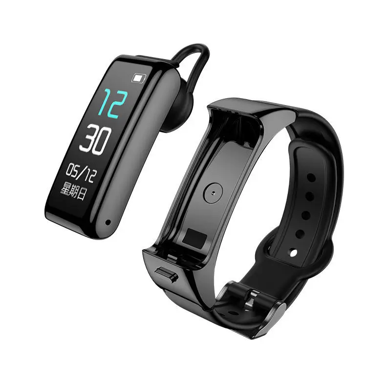 

bracelet microphone running headphones earphones heart rate wireless earbud health sport earphone smart watch with earbuds, Black