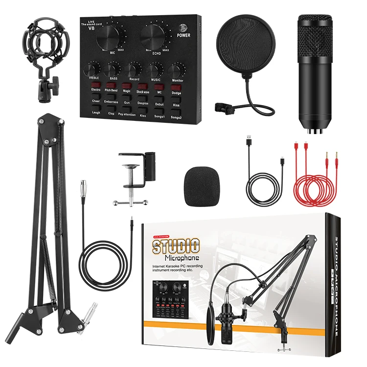 Newest Karaoke Professional Studio Recording V8 Sound Card Bm800 Set Condenser Microphone For Webcast Live Recording, Black