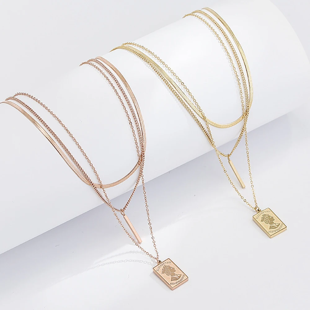 

Stainless steel 3 layer gold plated snake chain square bar coin pendant new arrivals fashion jewelry 2021 women necklace, Gold/rose gold