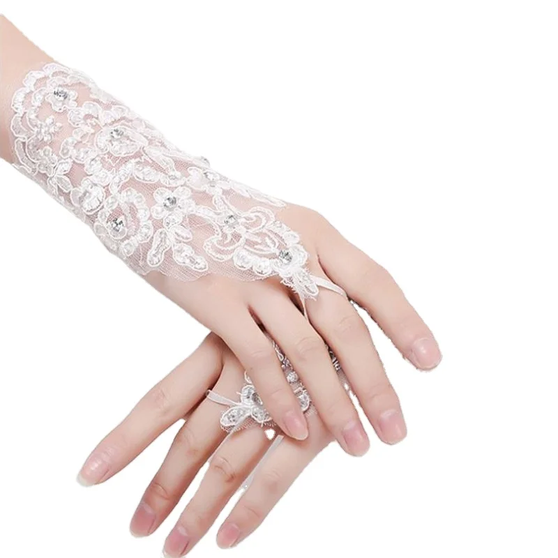 

Bridal lace hook finger beaded embroidered beaded gloves New short wedding gloves