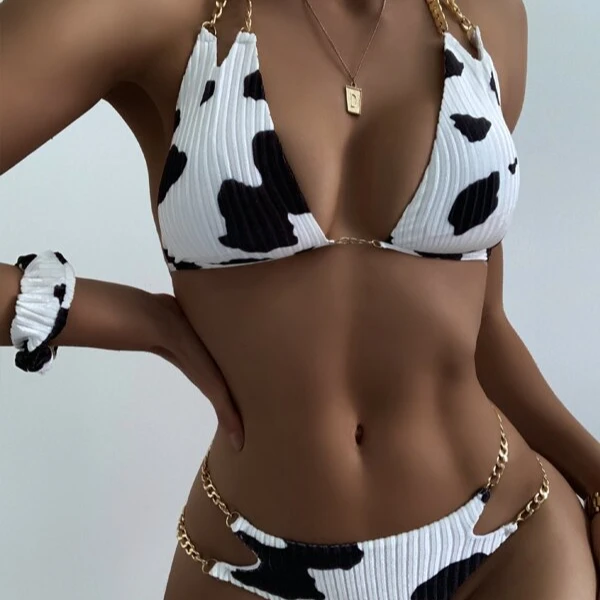 

2021 Hot sell padding cow print sexy swimwear 2 piece bathing suit woman with chains