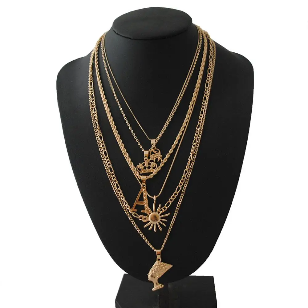 

Ladies Multilayer Necklace Fashion Elephant Crown Letter Sun Portrait Gold Six Layer Clavicle Chain Party Jewelry Accessories