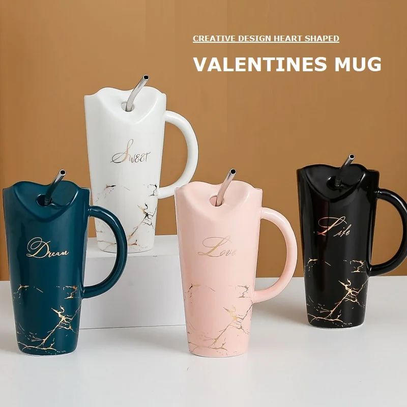 

Custom creative heart shape design valentine cup color porcelain coffee drinking mug with straw, Black white pink navy blue