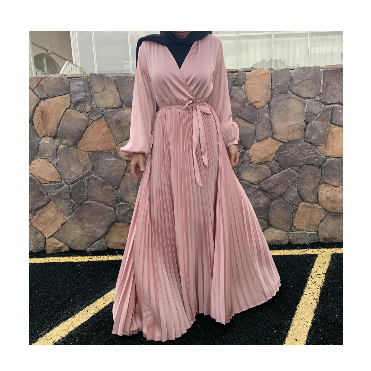 

High Quality V-Neck Stitching Pleated Big Skirt Islamic Clothing Satin Muslim Dress, Refer to photos or according to your requirements