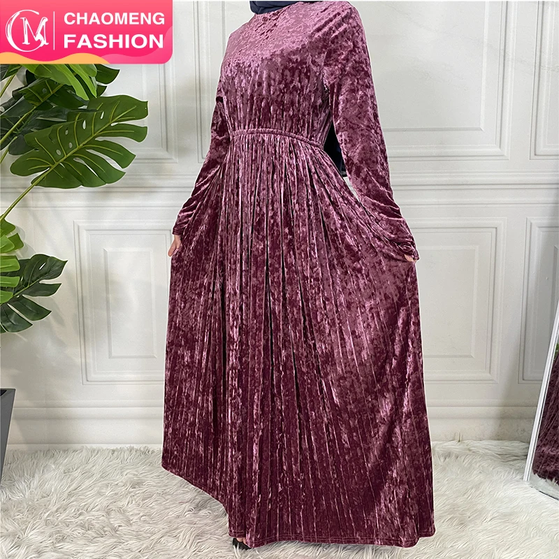 

6570# Autumn Winter Warm Velvet Dress Long Sleeve Pleated Large Hem Solid Color with Elastic Waist A-line Modest Dresses Abaya, Gold,green, blue,pink, black,maroon purple,gray/customized