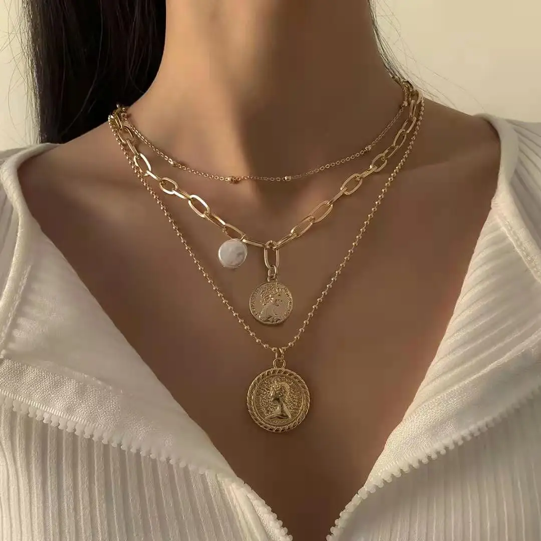 

Wholesale fashion Paperclip chain brand 3 layer pearl Human head coin pendant necklace, Gold,silver