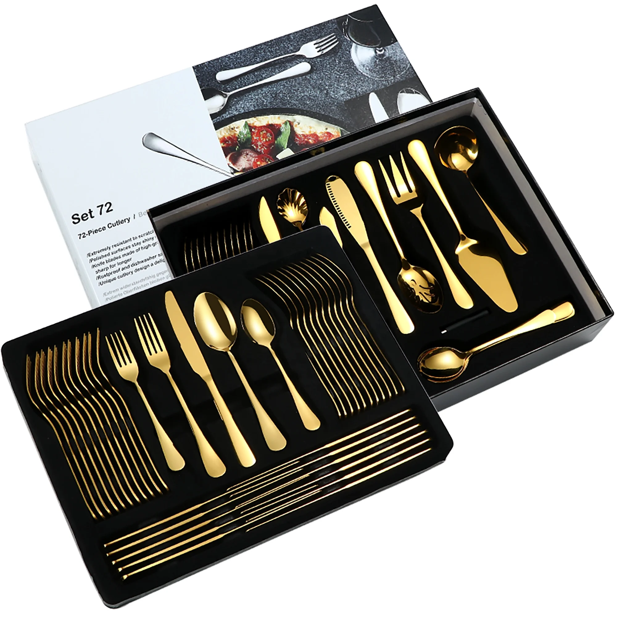 

Gold stainless steel 72 pcs silver cutlery set Flatware dinner spoons forks knife Serving Spoon SALAD SPOON ladle Cake SERVER, Golden,rosegold,rainbow,black,silver