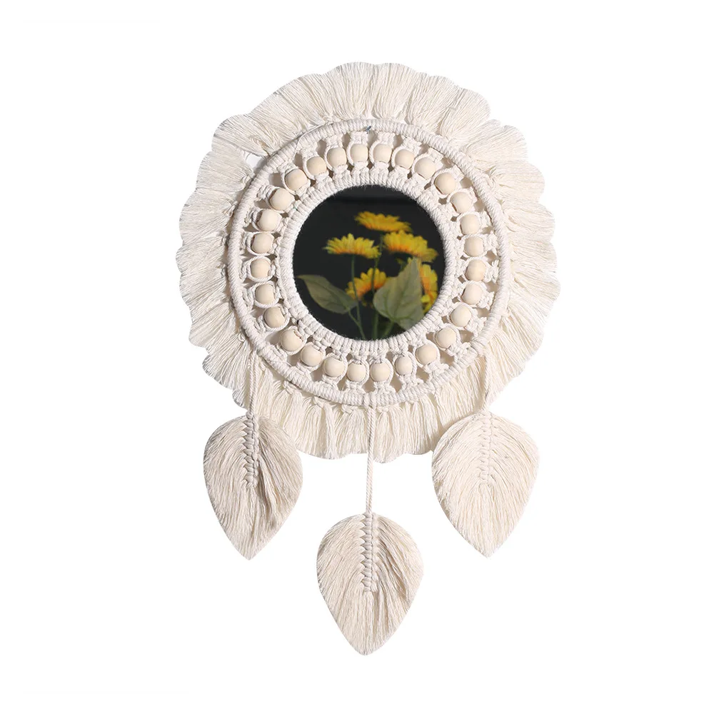 

INS Nordic Bohemian Woven Handmade Decorative Makeup Tapestry Mirror Vintage Decor Wall Art Mirror, White