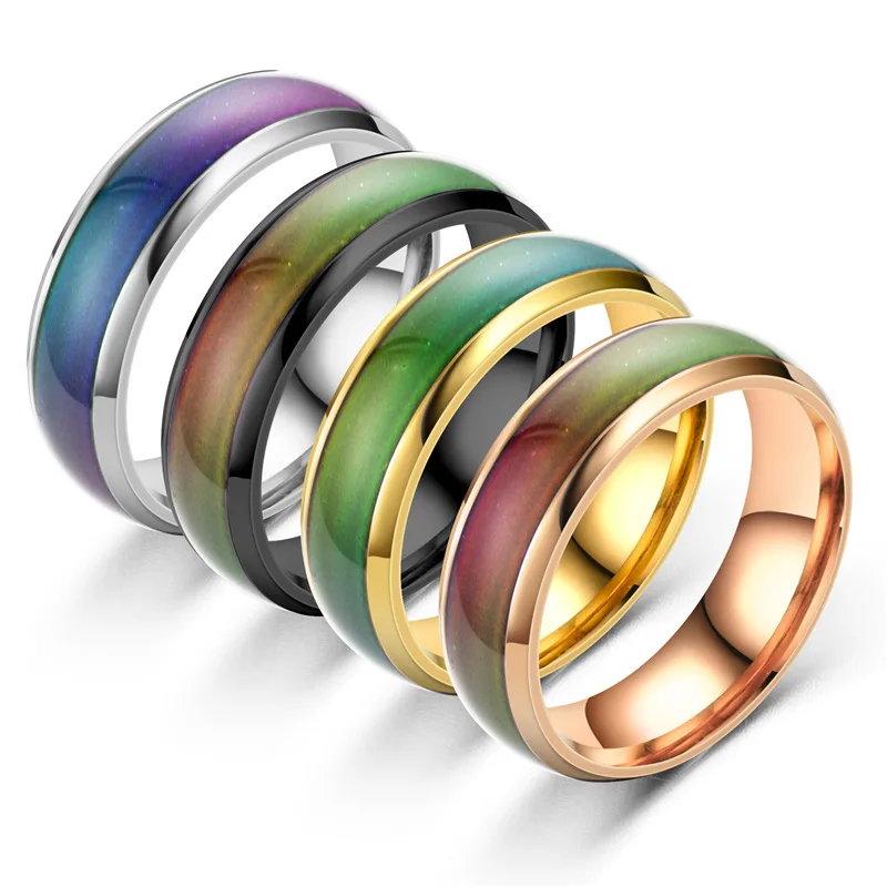 

Hot Sale 6mm Stainless Steel Temperature Sensitive Glaze Seven Changing Color Mood Rings For Girls Boys, Picture shows