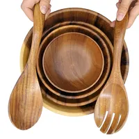 

Salad Server FREE Tableware Acacia Wood Salad Serving Bowls Spoon Fork Set Custom Logo Cooking Wooden Bowl