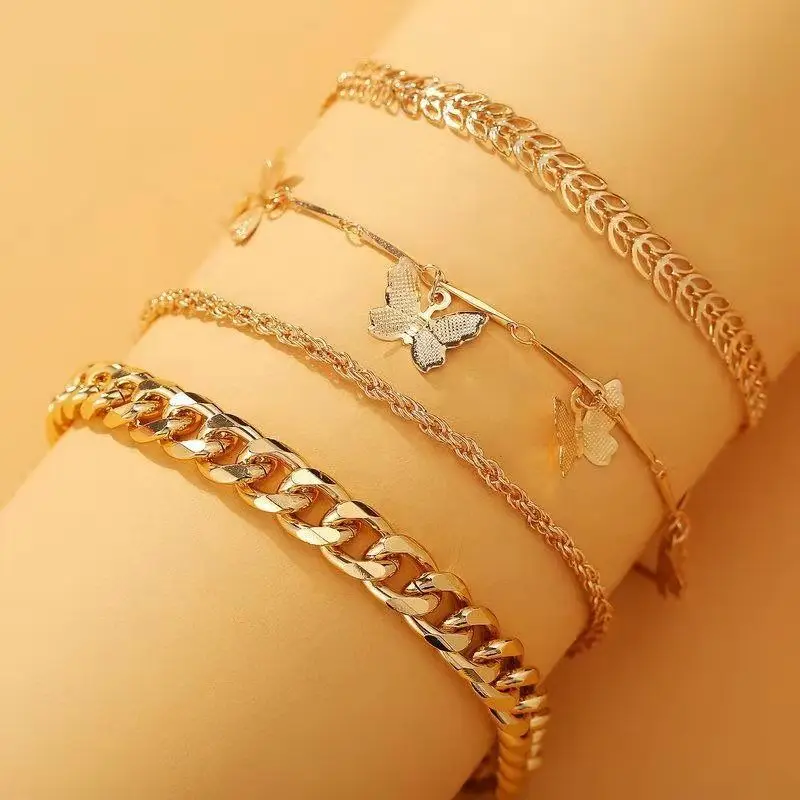 

Fashion Women Gold Silver Butterfly Letters Metal Alloy Cuban Link Jewelry Anklet Set