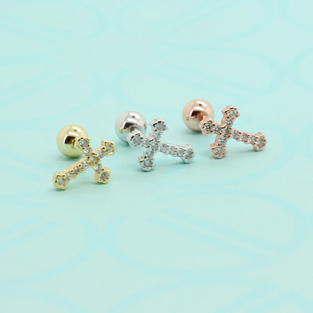 925 Sterling Silver Jewelry Cubic Zircon Gold Plated Cross Stud Earrings